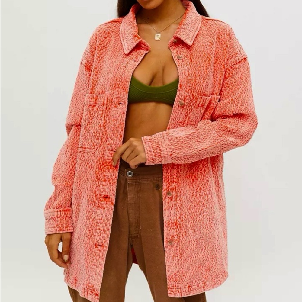 BDG Urban Outfitters Serena Bright Neon Washed Faded Coral Corduroy Shacket, S